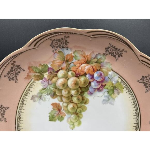 Antique German Porcelain Bowl Grapes Gold Trim Pink Rim Scalloped 12" - Picture 2 of 11